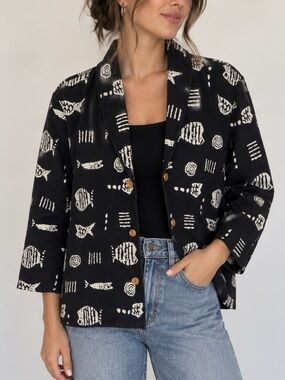 402. Jacqueline Lauren Vintage Cotton Abstract Fish Print Jacket Medium